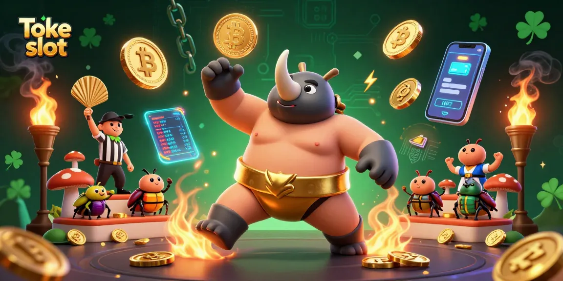 Toke slot engages players with a dynamic illustration featuring a rhinoceros beetle champion and vibrant casino elements.