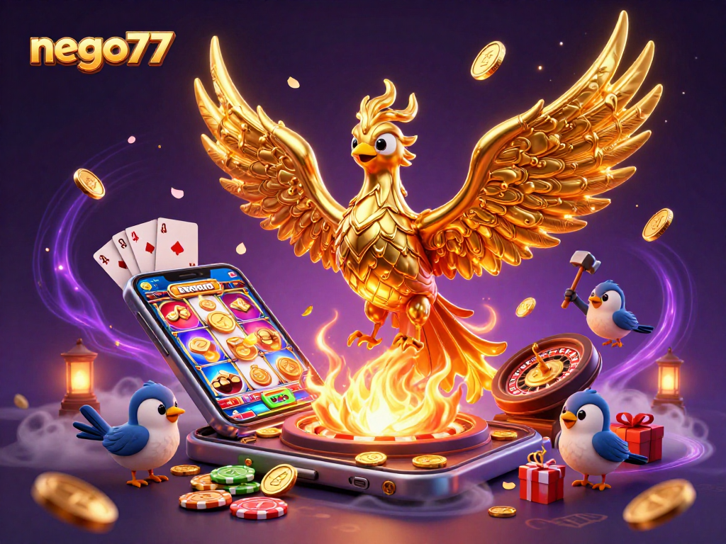 Experience thrilling wins with nego77 as a golden phoenix rises from victory, surrounded by casino action.