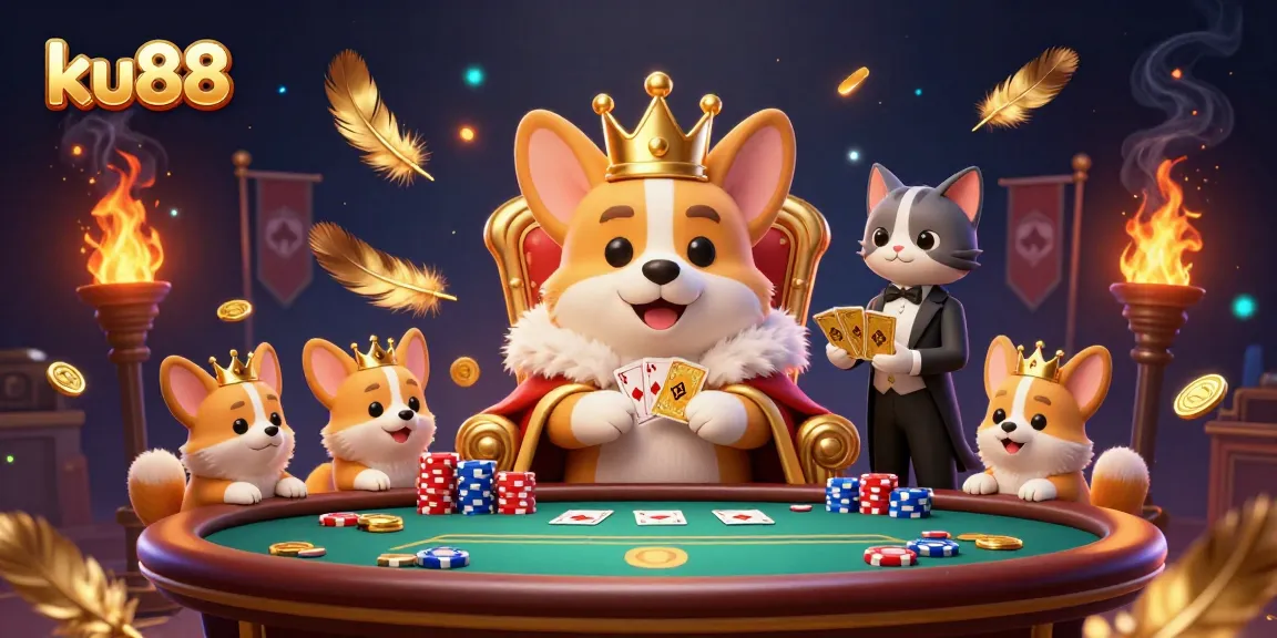 ku88's royal corgi on a poker chip throne, vibrant 3D casino illustration.
