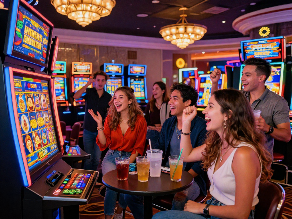 Group celebrating a slot jackpot win in a lively casino environment.
