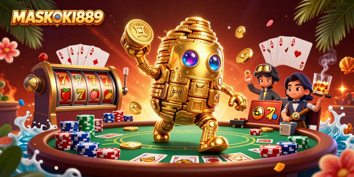 Experience winning action at MASKOKI889 with vibrant gaming elements and engaging characters!