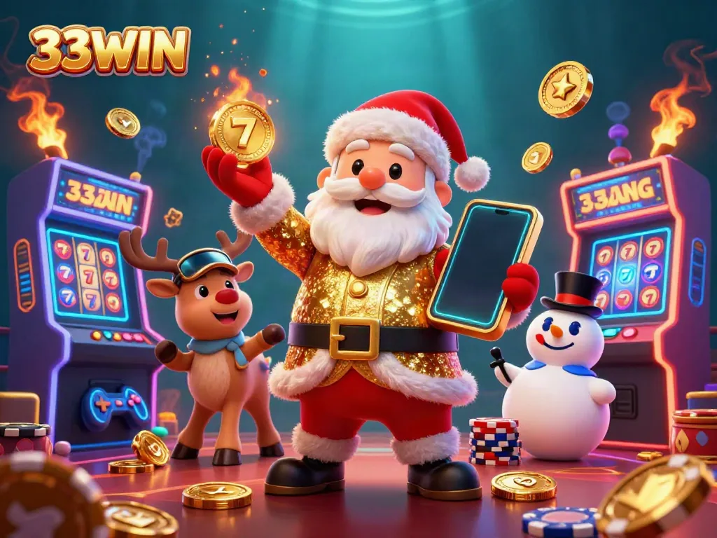 Join the excitement at 33WIN with Santa, his reindeer, and snowman celebrating big casino wins!