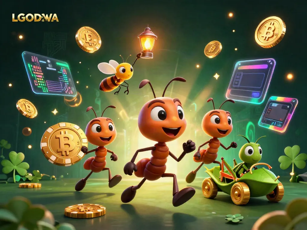 Join the heist with LGODEWA as playful ants navigate a digital gambling world filled with crypto coins!