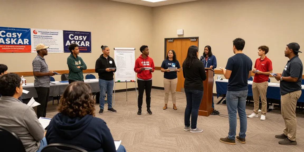 Voters engaging in debate on Casey Askar's political issues during a community meeting.