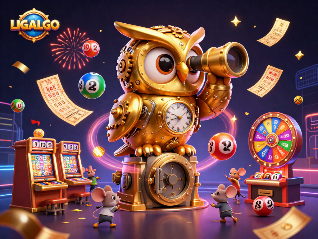 Experience thrilling wins with LIGALGO's massive clockwork owl overseeing vibrant casino activities.