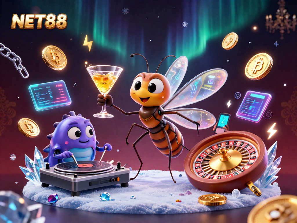 NET88 spins into action with vibrant casino characters amidst digital riches and lively gaming elements.