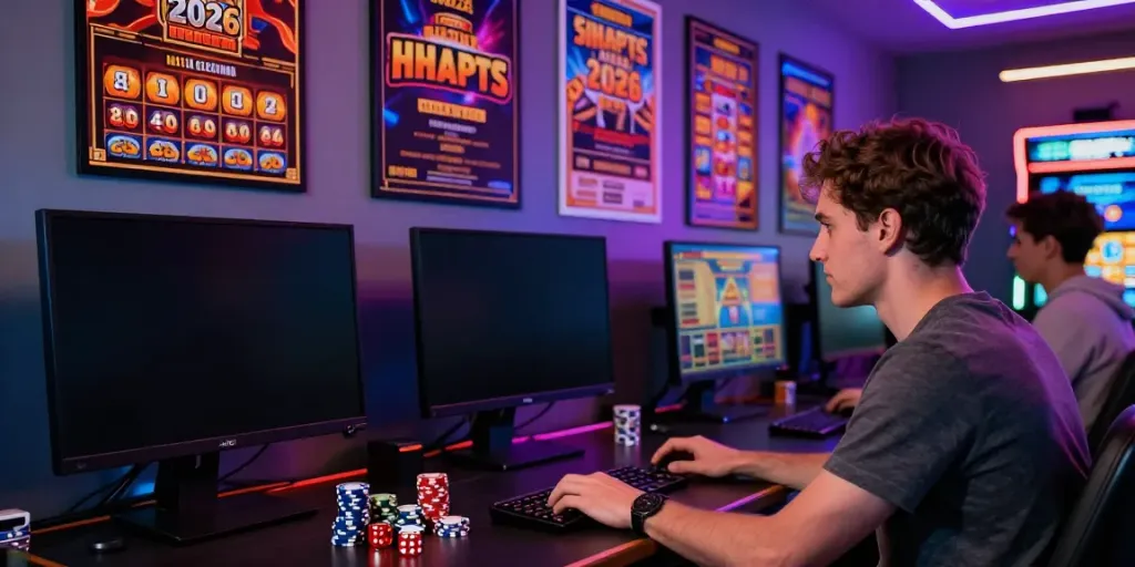 Exciting scene of a player engaged in online slot gaming with king999, featuring colorful visuals and gaming accessories.