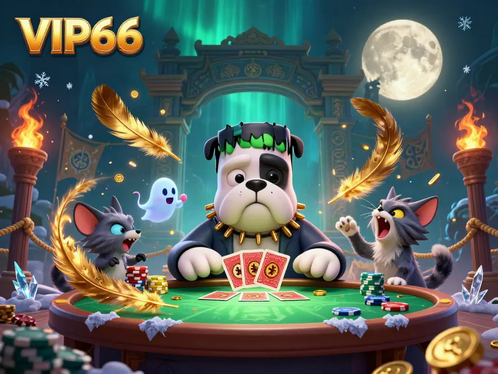 Join the thrilling card game action at VIP66, featuring a bulldog dealer and eerie ambiance.