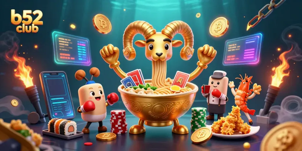 Engage in thrilling action at b52 club with colorful casino characters and neon crypto elements.
