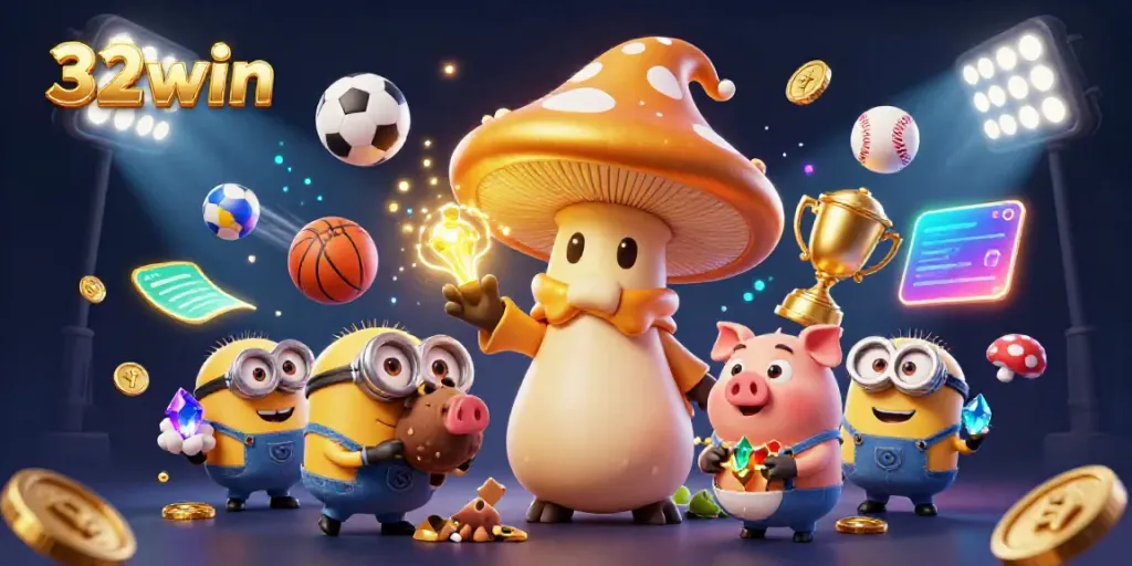 Experience the thrill of sports betting with vibrant 3D characters and dynamic elements in 32win's magical casino world.