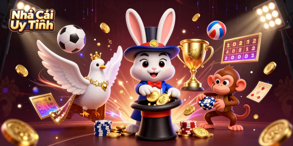 Engage with Nhà Cái Uy Tín for thrilling entertainment, featuring a magician rabbit and vibrant sports elements.