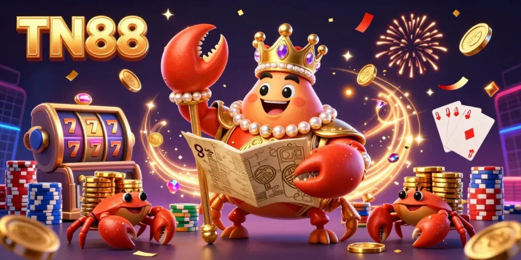 Experience excitement with TN88 in a vibrant, detailed casino scene full of golden treasures and gaming elements.