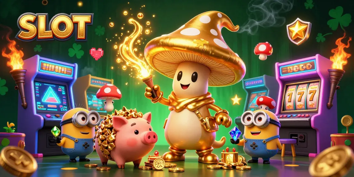 Experience SLOT magic with a golden wizard, treasures, and vibrant casino elements in a dynamic 3D illustration.