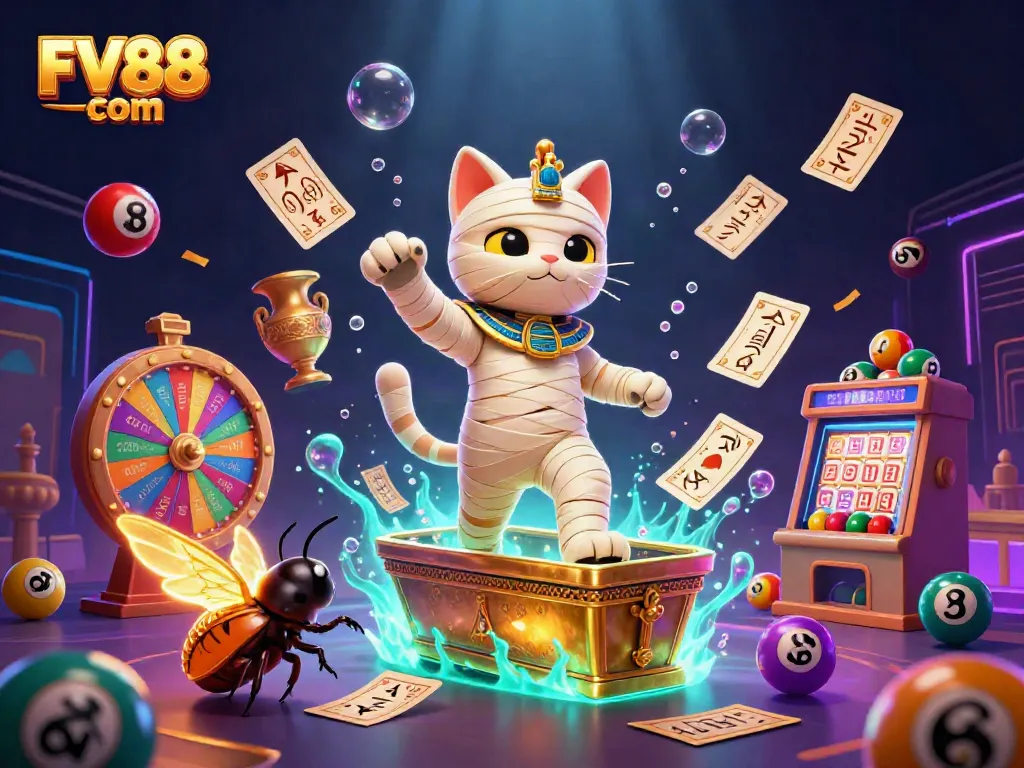 Experience the excitement of FV88 com, where a 3D mummy cat and glowing scarab bring the magic of gaming to life.