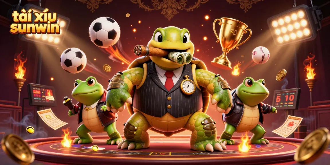 Tài xỉu sunwin features a snapping turtle in a mobster suit with bullfrog enforcers, immersed in a vibrant casino scene.
