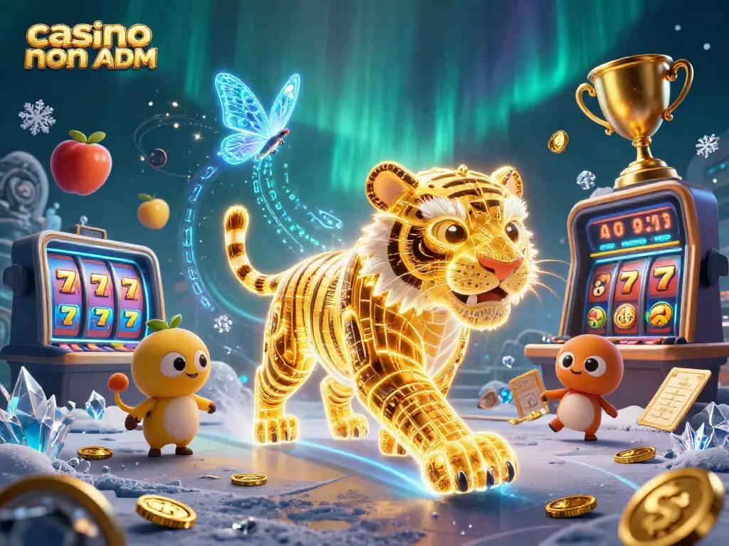 Gioca a casino non ADM con un tigre dorato luminoso e simboli di slot volanti in un paesaggio digitale accattivante.