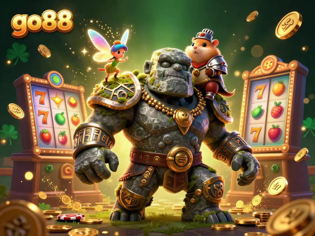 Experience excitement with go88: a dynamic casino scene featuring a golem, fairy, and hamster knight amidst spinning slot reels.