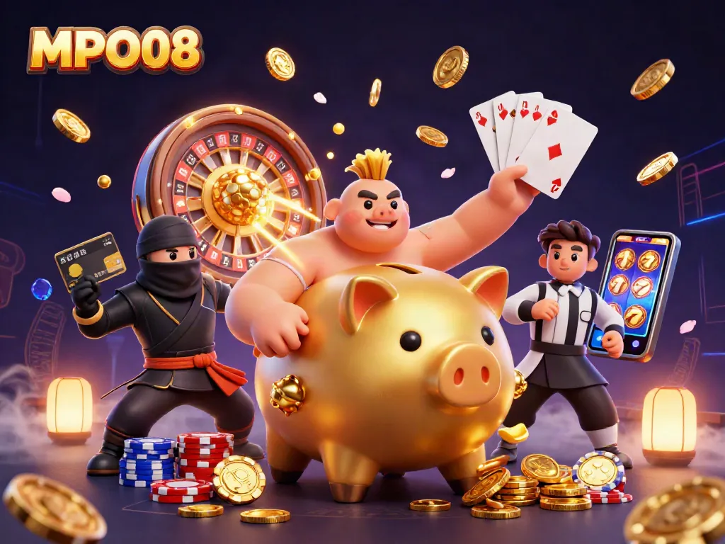 MPO08 showcases an exciting 3D casino scene with golden coins and engaging gaming elements highlighting gameplay.