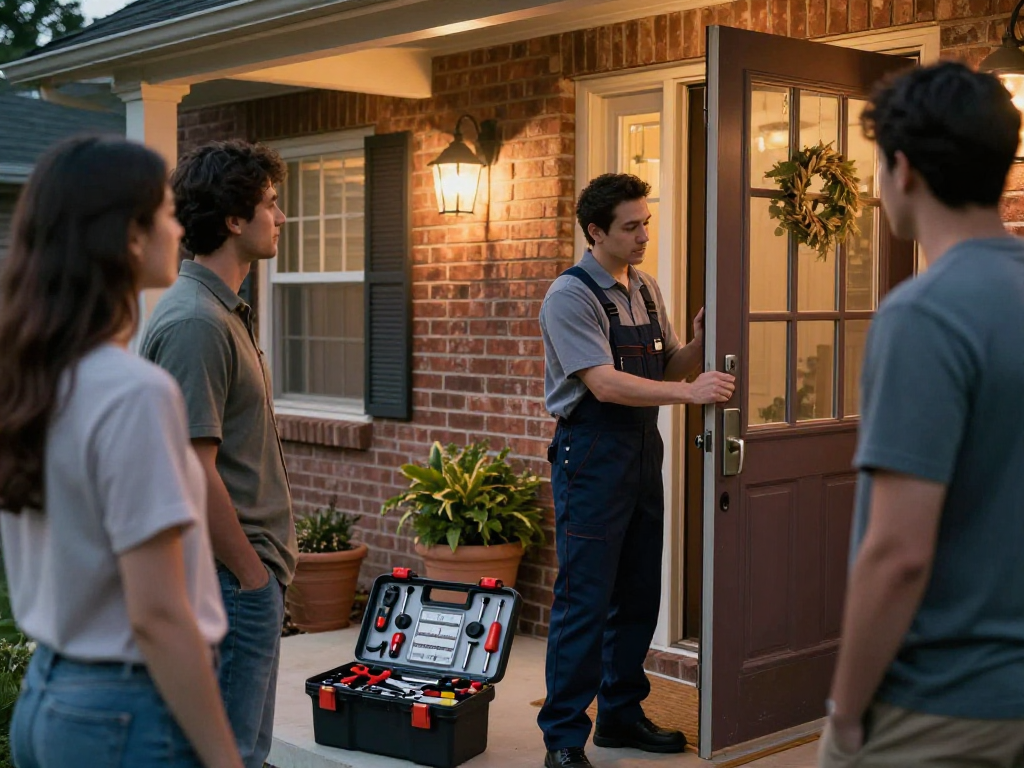Locksmith Durham NC providing professional services at a home entry, showcasing security and expertise.