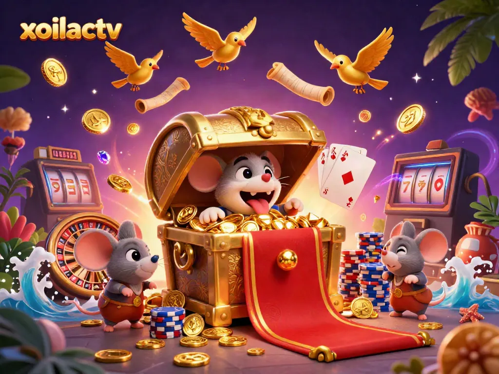 Experience the thrill of xoilactv with a vibrant 3D casino illustration showcasing adventurous mice lured by treasures.