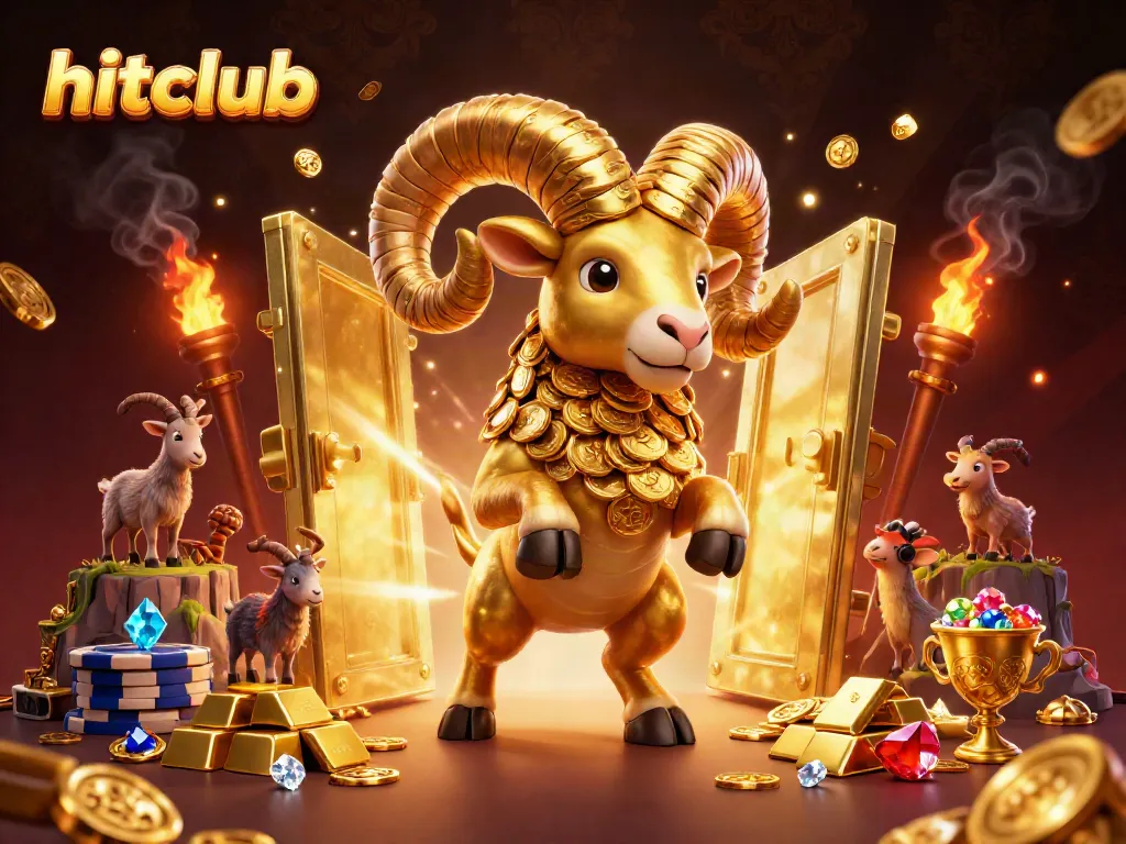 Experience thrilling gaming with hitclub featuring a charging golden ram amidst treasure and gems.