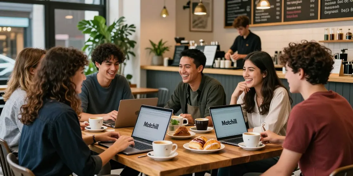 Friends enjoying coffee and pastries at a cozy café with Motchill branding in a vibrant urban setting.