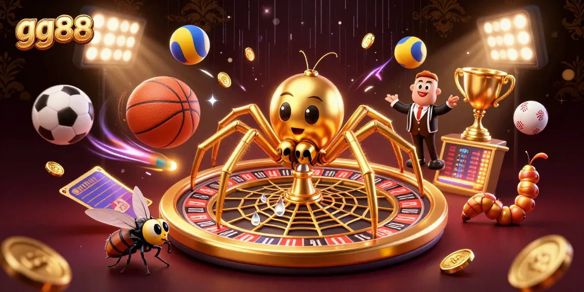 gg88's vibrant casino scene showcases a golden spider and centipede croupier among dynamic sports elements.
