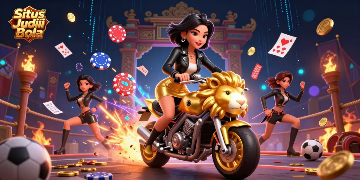 Situs Judi Bola showcases an energetic Asian woman riding a golden lion mascot, surrounded by sports betting elements.