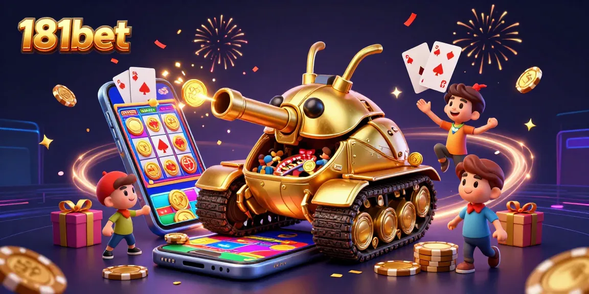 Experience the excitement of 181bet with a golden beetle tank revealing a mini casino filled with action.