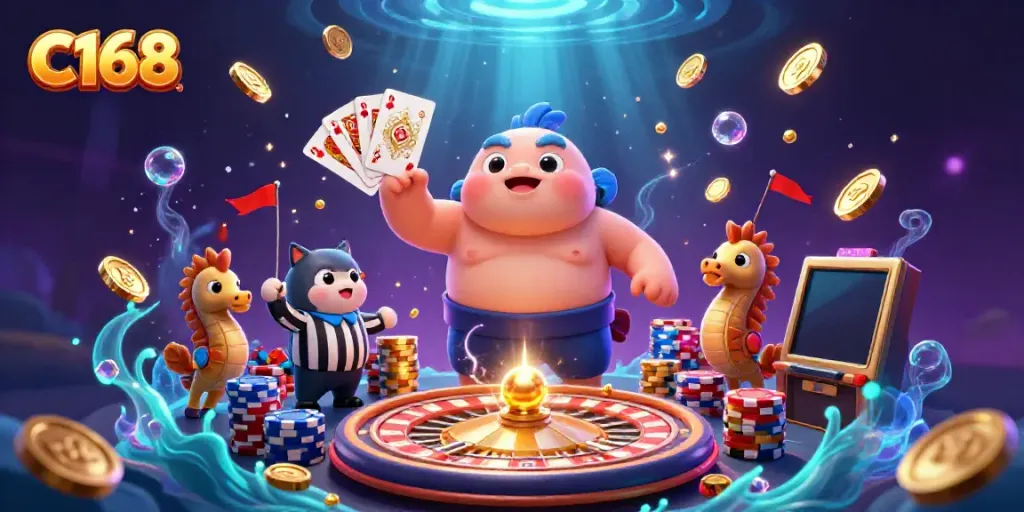 Experience the thrilling underwater world of C168 with a cartoon fugu, catfish referee, and lively casino elements.