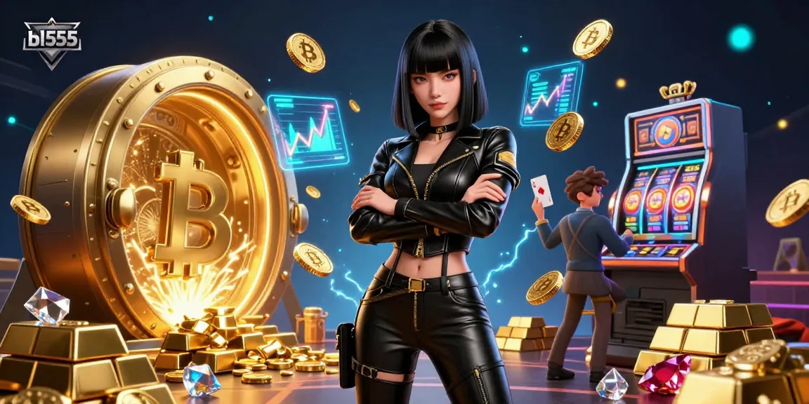 Engage in thrilling casino adventures with bl555, featuring dynamic Asian characters amidst dazzling crypto elements.