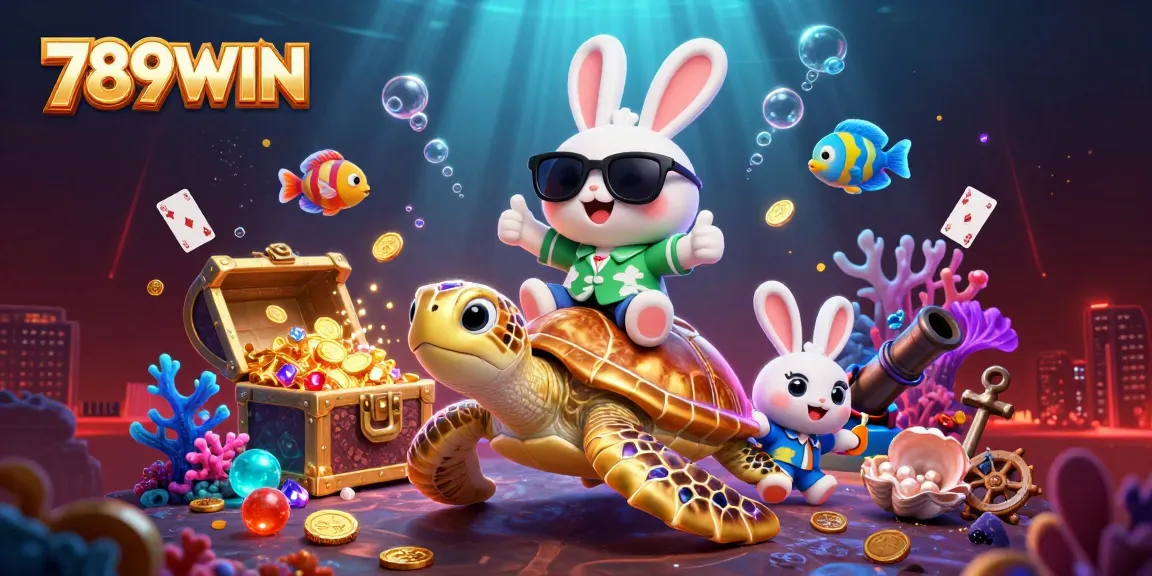 Experience the thrill of 789WIN with a vibrant 3D scene featuring a lucky rabbit and a giant turtle.
