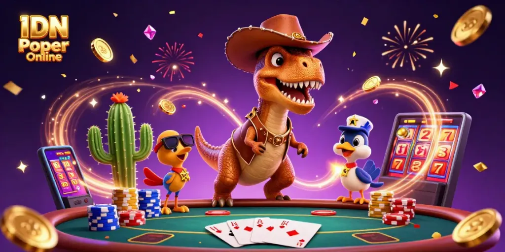 Enhance your experience with IDN Poker Online featuring vibrant poker elements and dynamic characters.