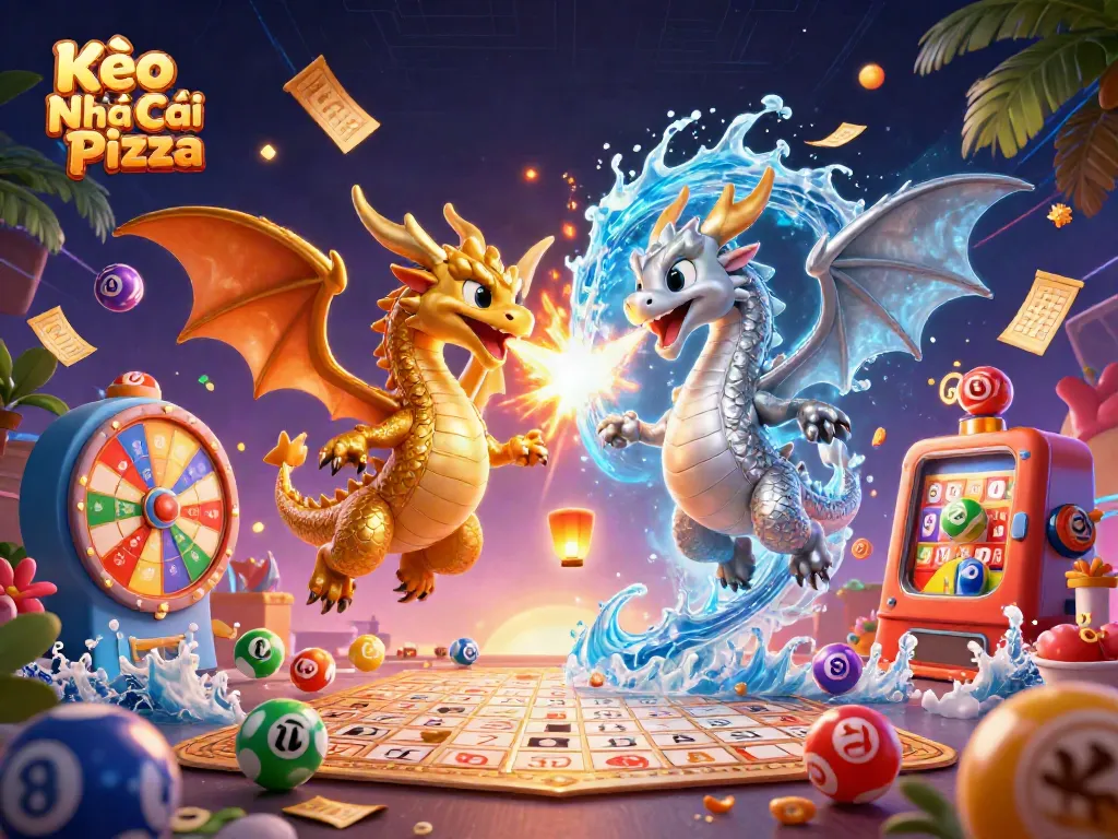 Place bets with Kèo Nhà Cái Pizza amidst a vibrant 3D illustration of dragons and casino elements.