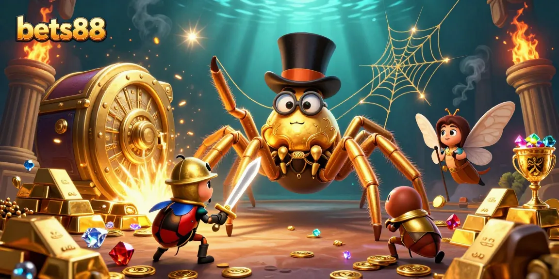 Experience the excitement of bets88 with captivating casino characters and vibrant treasures in this engaging digital illustration.