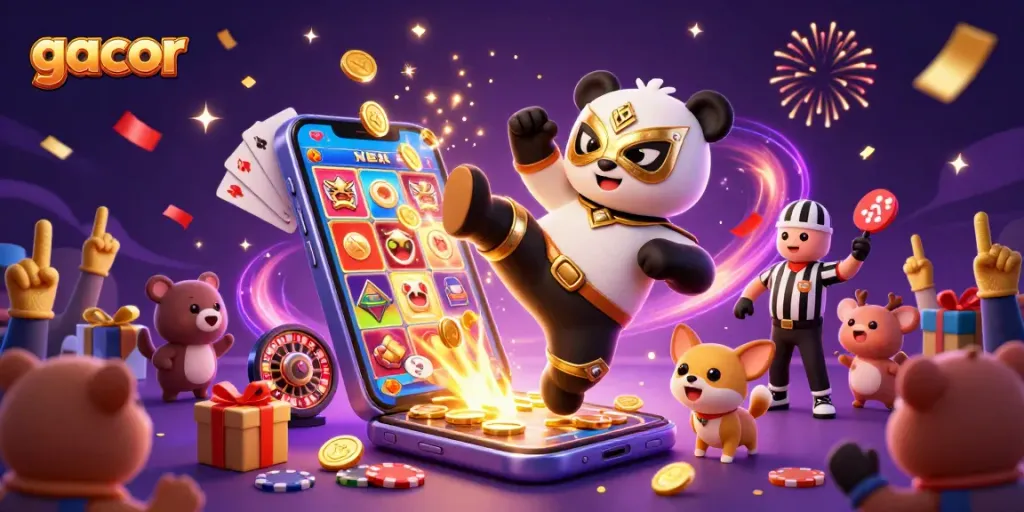Experience gacor winning action with a panda wrestler and lively animal crowd celebrating a colorful slot game.
