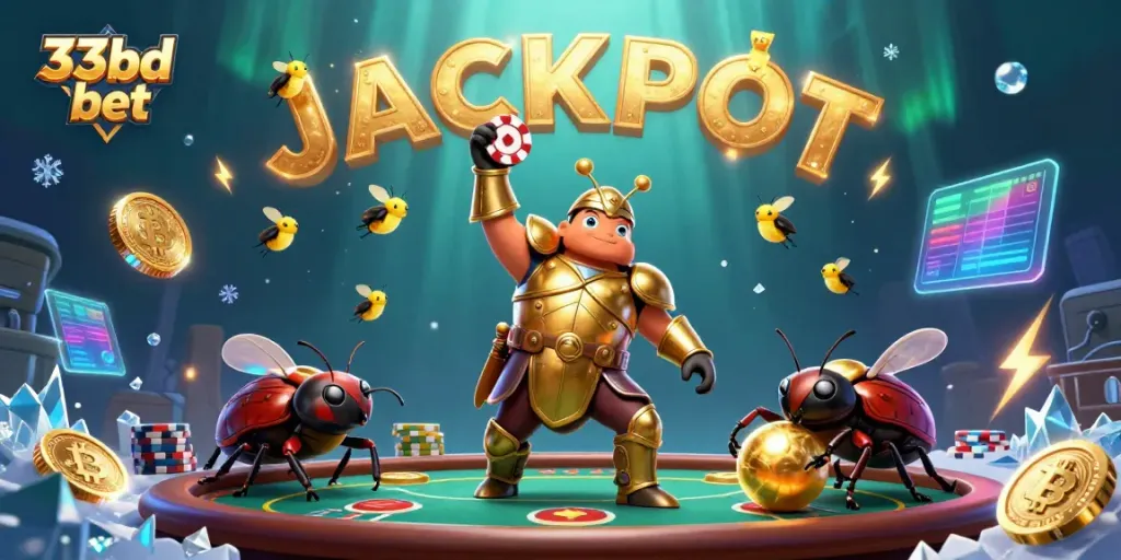 Experience the excitement of 33bd bet with a heroic beetle in a casino scene, featuring poker and crypto elements.