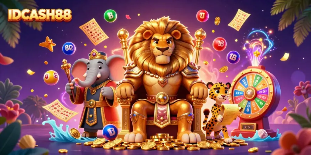 Play thrilling games at IDCASH88 with colorful lottery balls, a royal lion, and vibrant prizes.