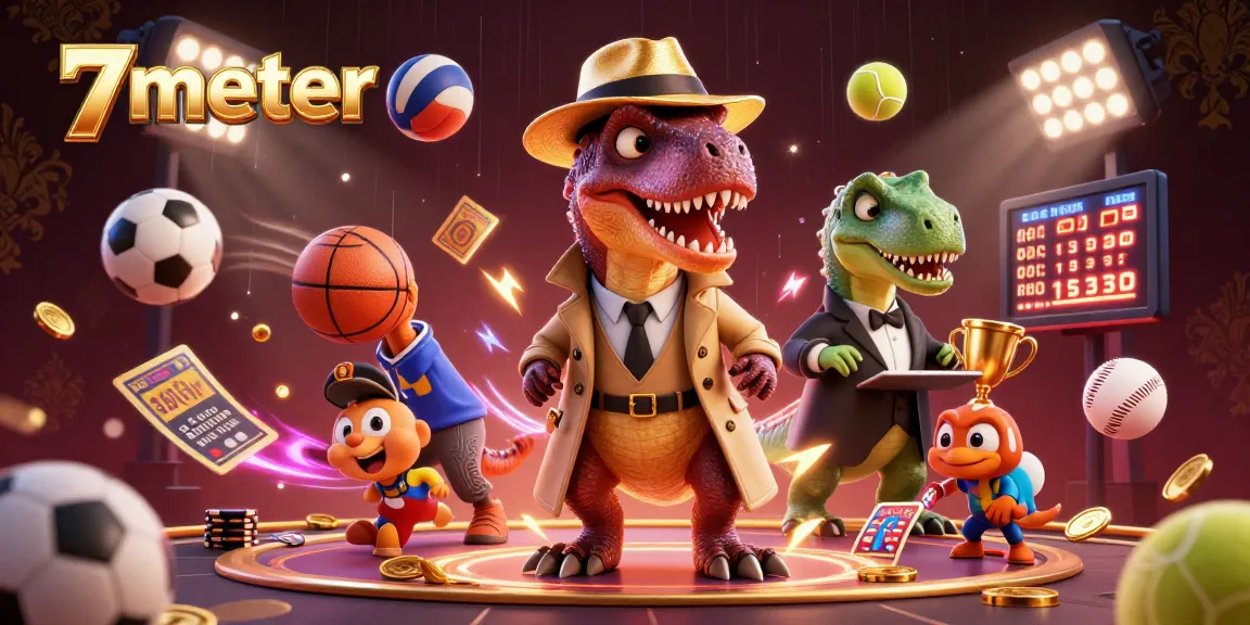 7meter sports betting scene with colorful cartoon dinosaurs at a betting table, dynamic and lively.
