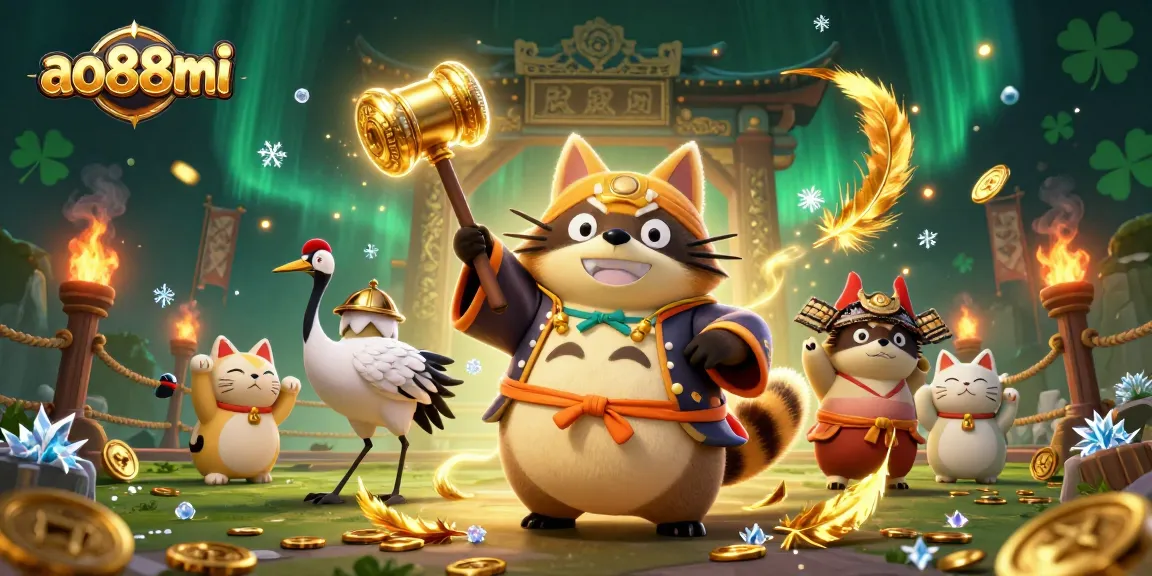 A 3D illustration showcasing ao88mi with a cheerful tanuki, samurai crane, and waving fortune cats in a vibrant gambling atmosphere.