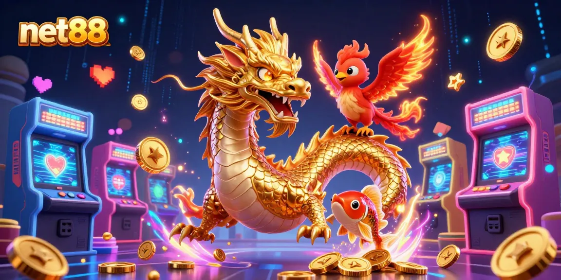 Engage with net88's vibrant casino scene featuring a dragon, phoenix, and koi amidst dynamic gaming elements.