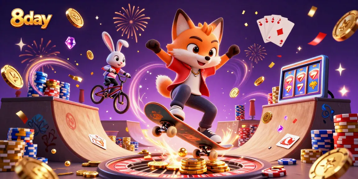 Excite in the 8day casino adventure with vibrant characters, gold coins, and dynamic gaming elements.