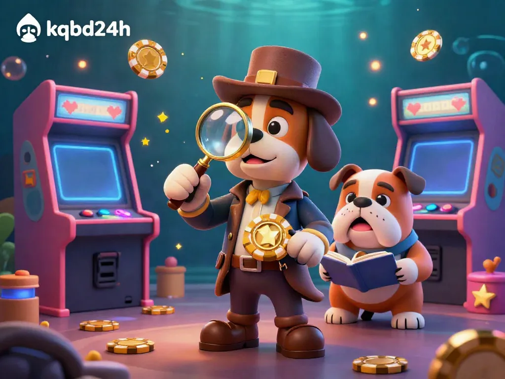 Explore the vibrant kqbd24h gambling world with a detective dog examining a poker chip in a dynamic 3D scene.
