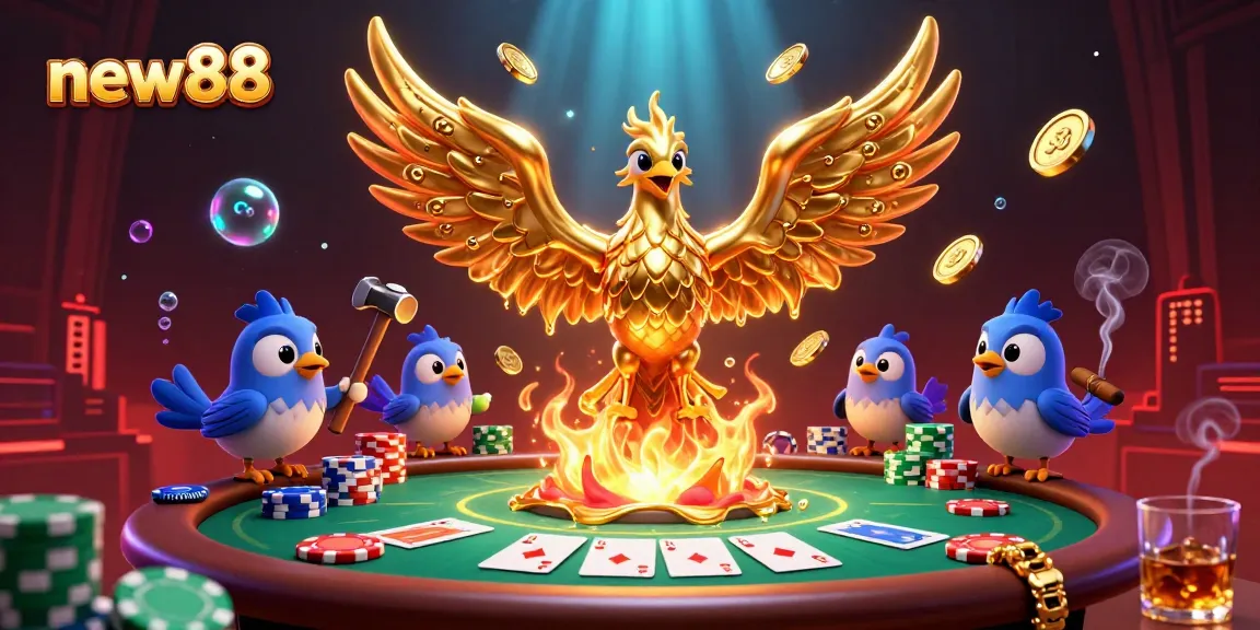 Engage with the thrilling gaming scene of new88, featuring a molten phoenix and poker elements amidst vibrant casino visuals.