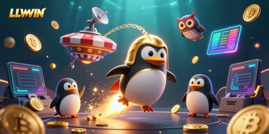 LLWWIN rocket-powered penguin navigates a vibrant casino space scene filled with coins and digital currency.