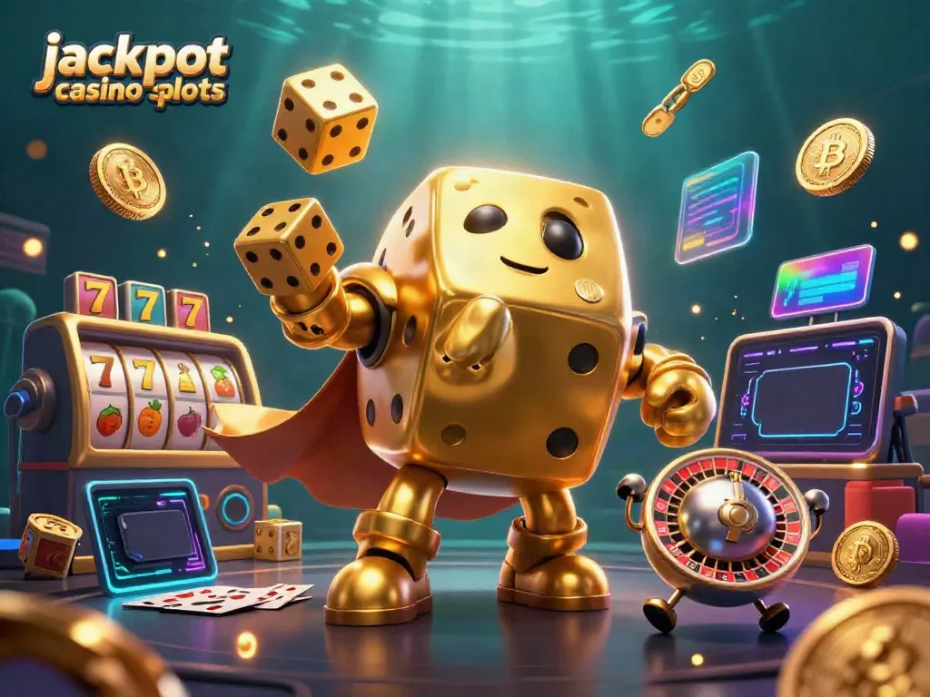 Experience jackpot casino slots with a dynamic scene featuring golden dice and colorful game elements.