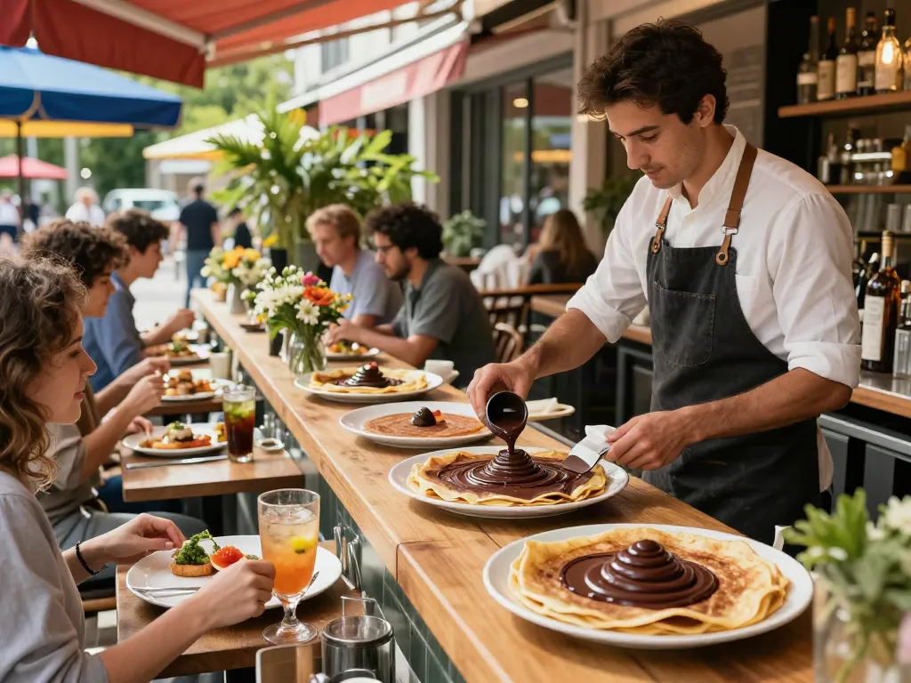Delicious dark chocolate crepes served at rokok88 café, inviting dining atmosphere.