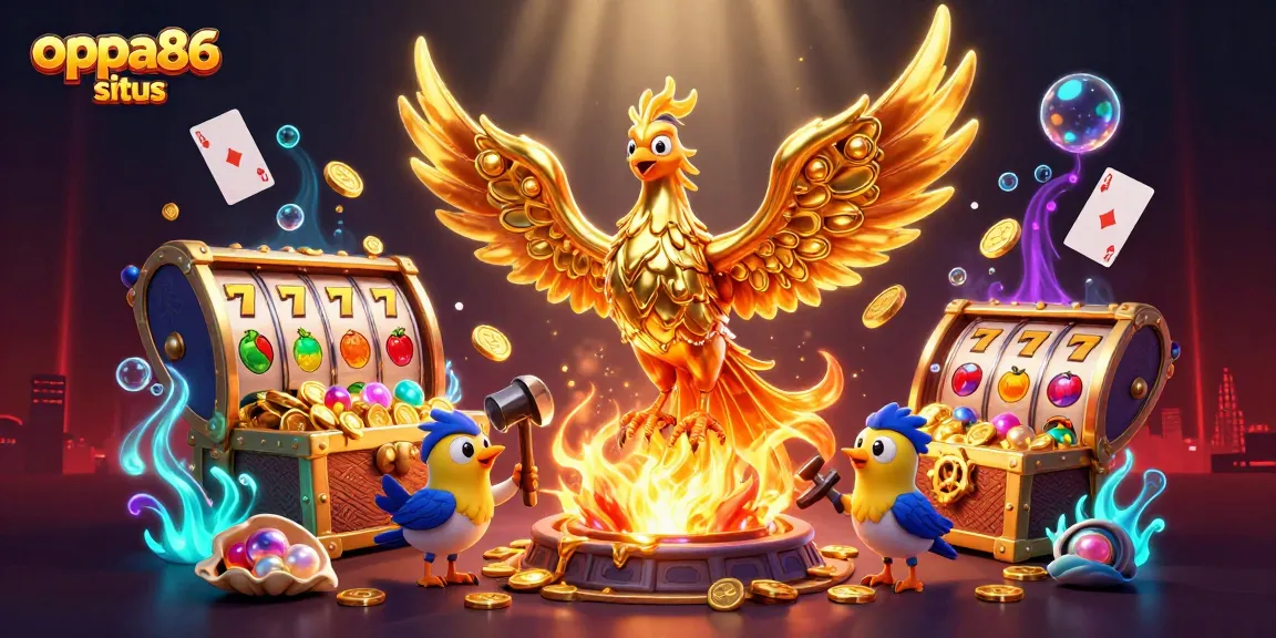 Engage with exciting games at oppa86 situs with a vibrant 3D cartoon scene of golden phoenix and slot reels.