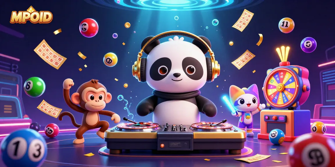 MPOID presents a vibrant casino scene with a DJ panda and dynamic characters celebrating online gaming.