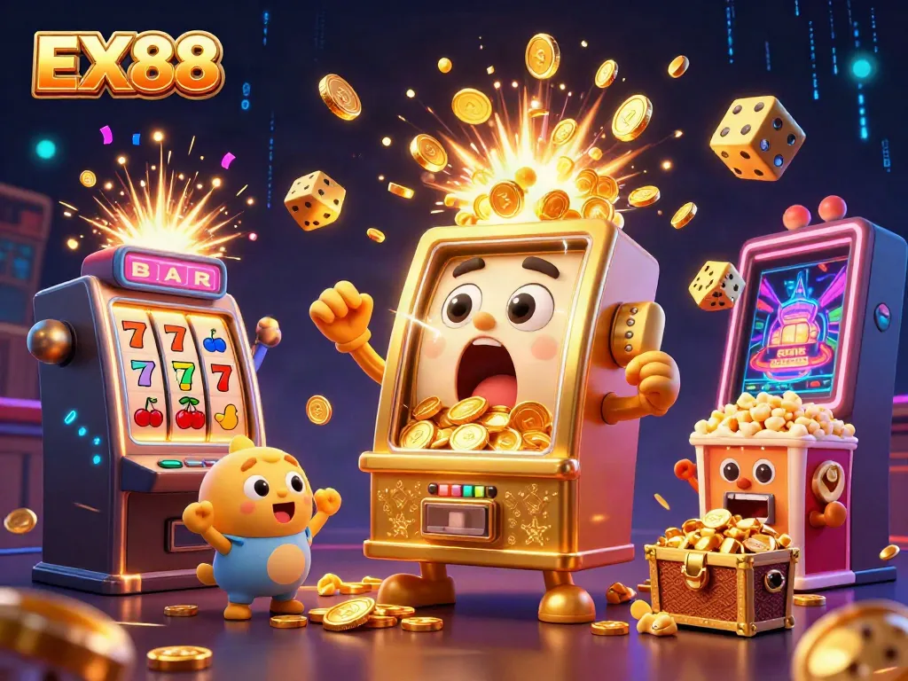 Experience the thrilling jackpot excitement at EX88 with our animated slot machines and vibrant casino elements.